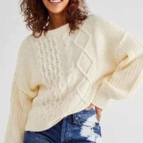 Free People Dream Cable Crew Sweater Ivory – Size Small, Indie Coastal, Granola - Picture 7 of 11